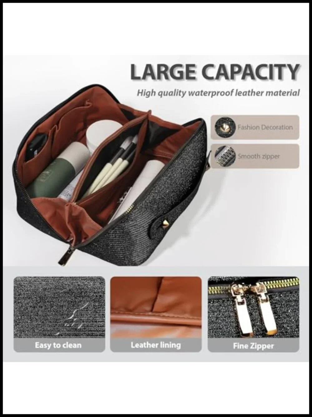 Large Waterproof Travel Cosmetic Bag PU Leather Organizer with Handle 180°
